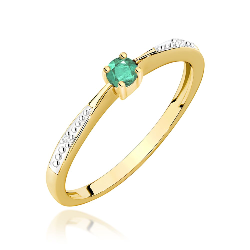 Pierścionek ze szmaragdem 0,15 ct i brylantami, żółte złoto 585