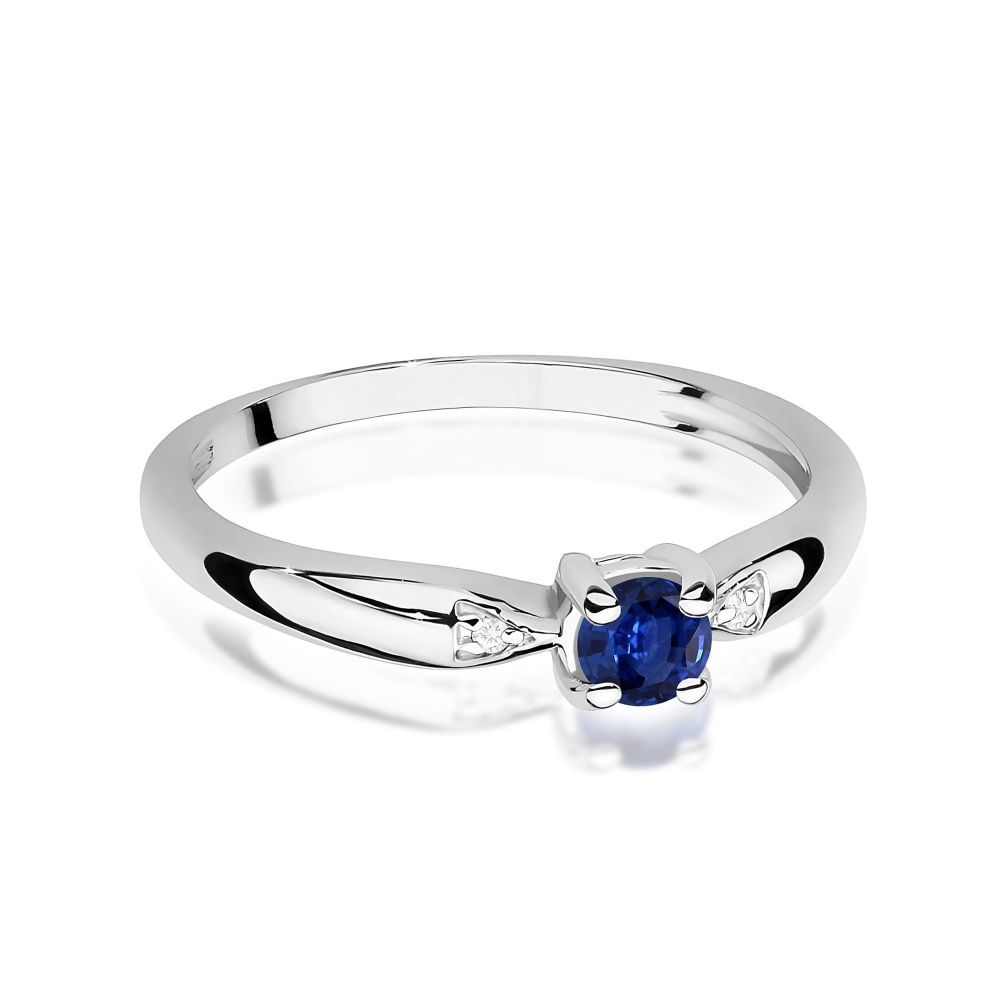 Pierścionek ze szafirem 0,15 ct i brylantami, białe złoto 585