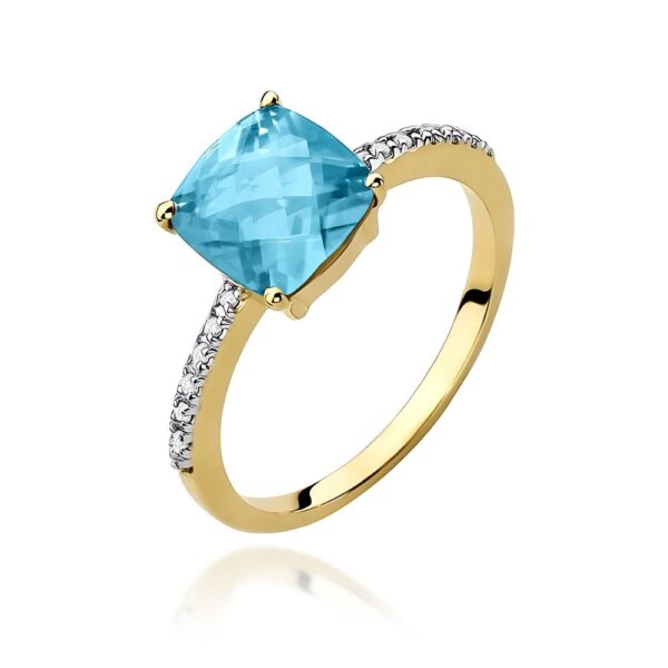Pierścionek z topazem Swiss Blue 2,00 ct i brylantami, żółte złoto 585