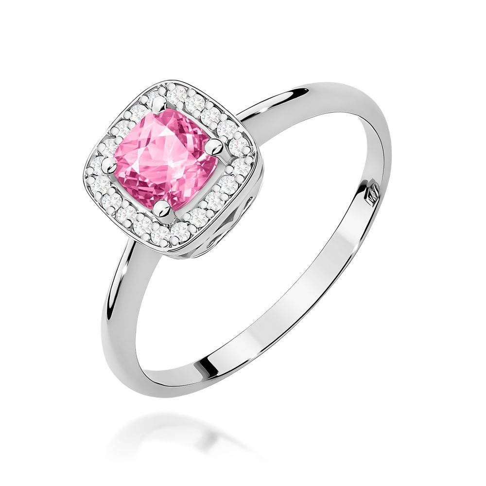 Pierścionek z różowym topazem 0,65 ct i brylantami, białe złoto 585