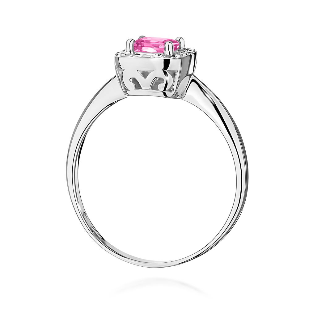 Pierścionek z różowym topazem 0,65 ct i brylantami, białe złoto 585