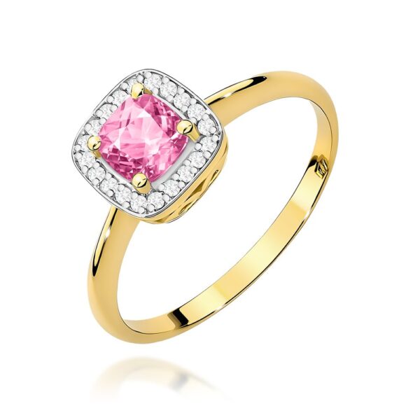 Pierścionek z różowym topazem 0,65 ct i brylantami, żółte złoto 585
