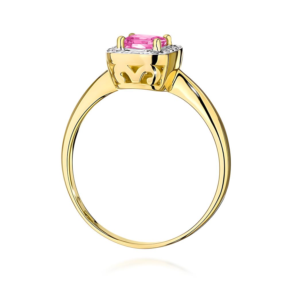 Pierścionek z różowym topazem 0,65 ct i brylantami, żółte złoto 585