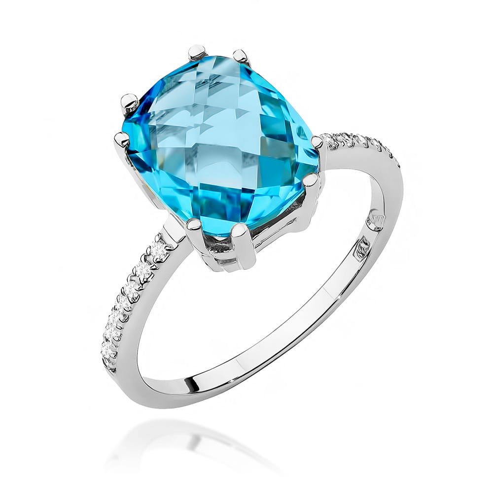 Pierścionek z topazem Swiss Blue 3,00 ct i brylantami, białe złoto 585