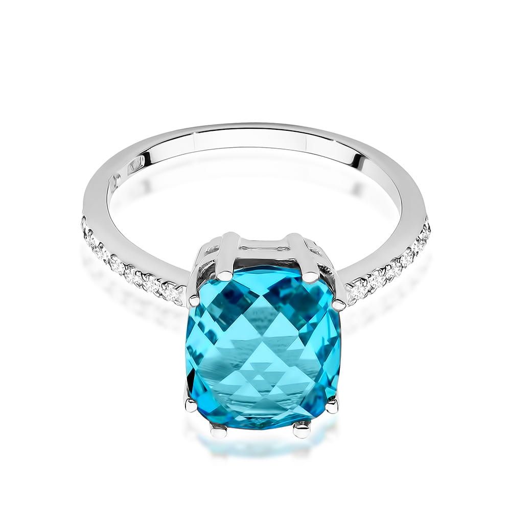 Pierścionek z topazem Swiss Blue 3,00 ct i brylantami, białe złoto 585