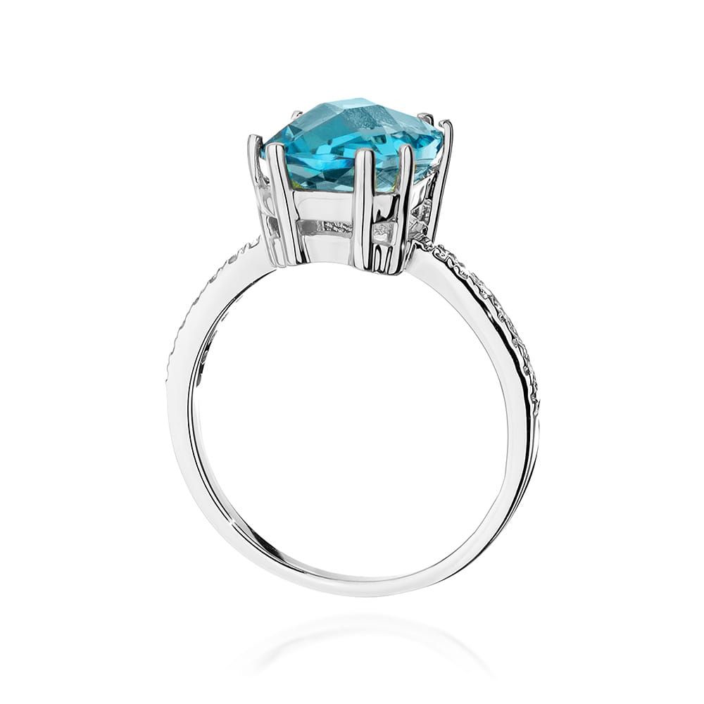 Pierścionek z topazem Swiss Blue 3,00 ct i brylantami, białe złoto 585