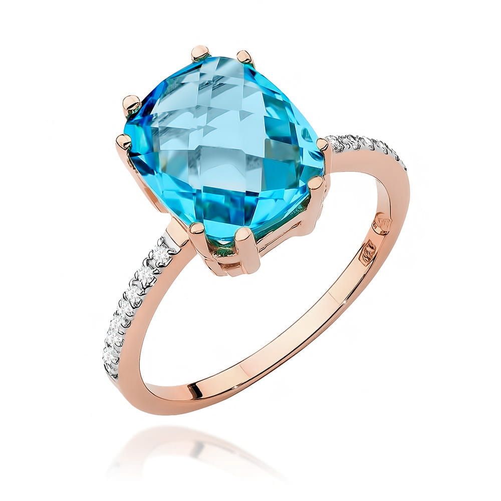 Pierścionek z topazem Swiss Blue 3,00 ct i brylantami, różowe złoto 585