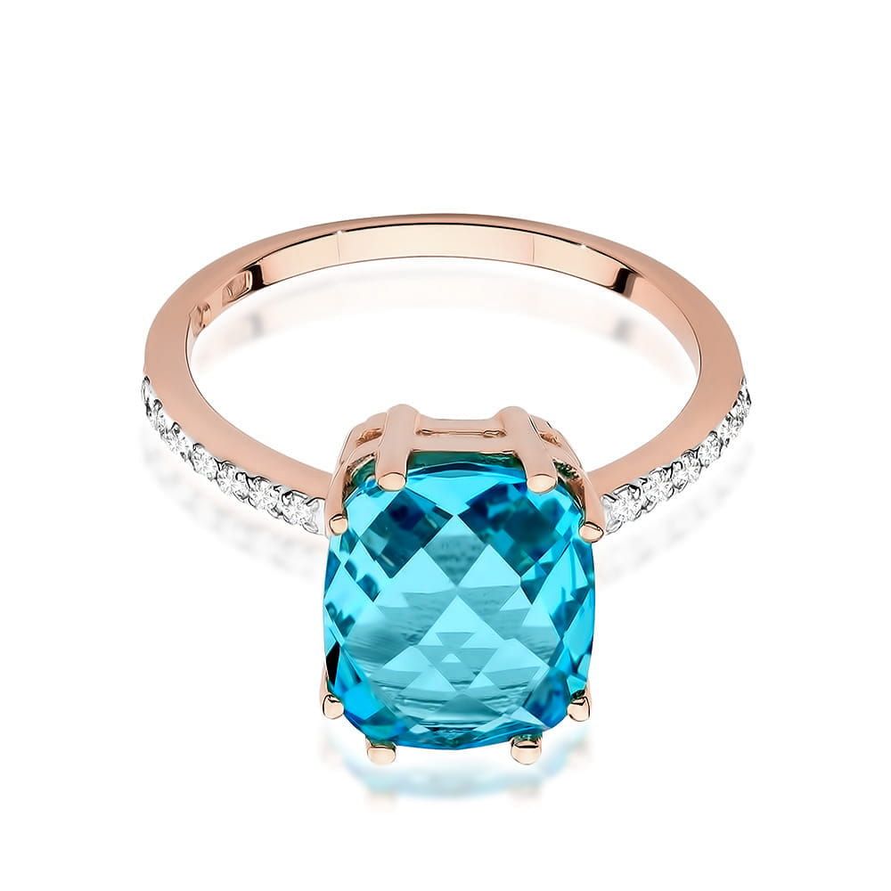 Pierścionek z topazem Swiss Blue 3,00 ct i brylantami, różowe złoto 585