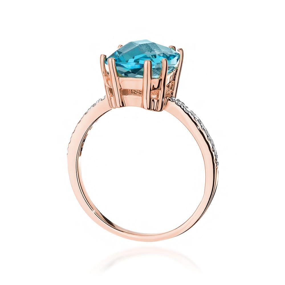 Pierścionek z topazem Swiss Blue 3,00 ct i brylantami, różowe złoto 585