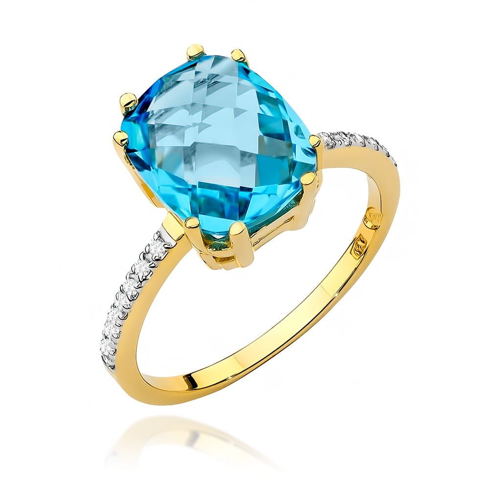 Pierścionek z topazem Swiss Blue 3,00 ct i brylantami, żółte złoto 585