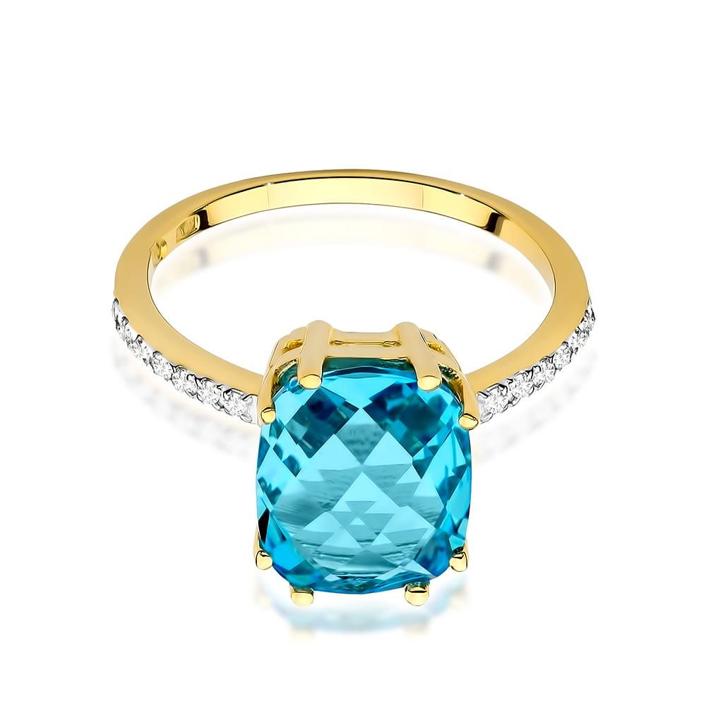 Pierścionek z topazem Swiss Blue 3,00 ct i brylantami, żółte złoto 585