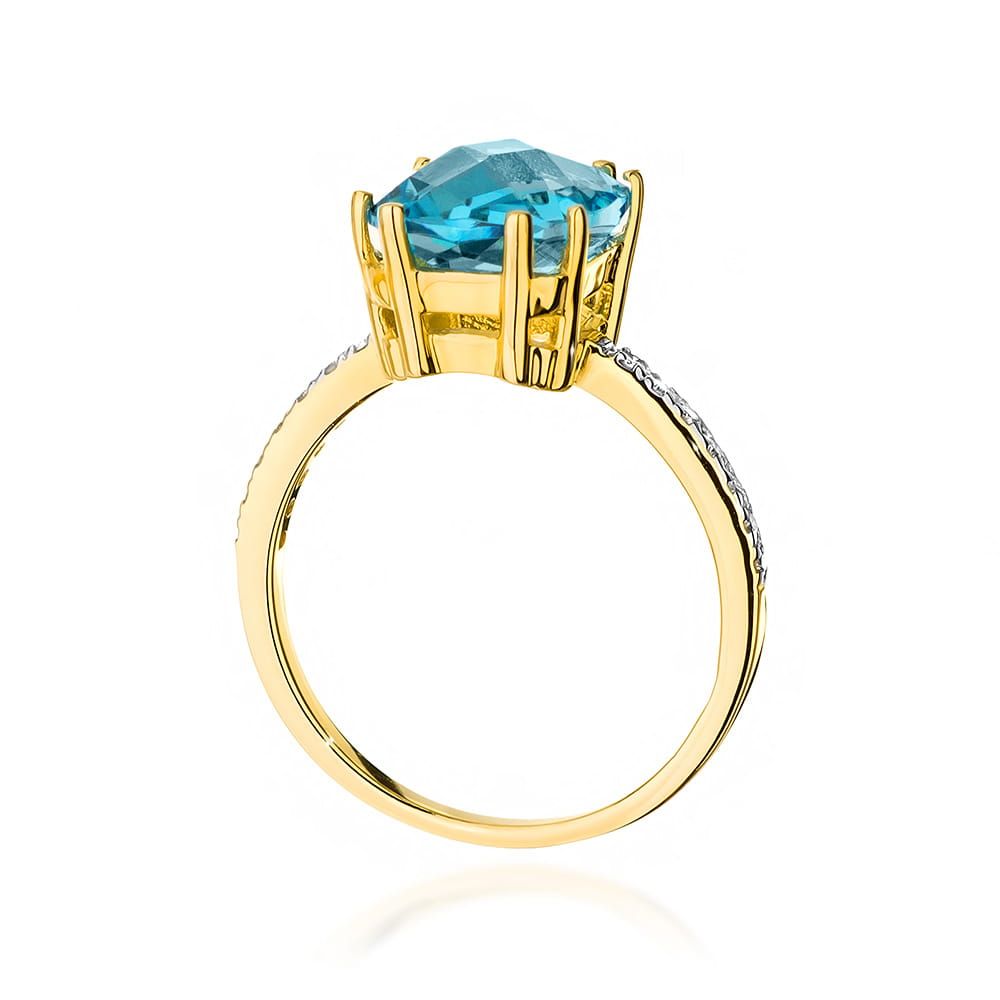 Pierścionek z topazem Swiss Blue 3,00 ct i brylantami, żółte złoto 585