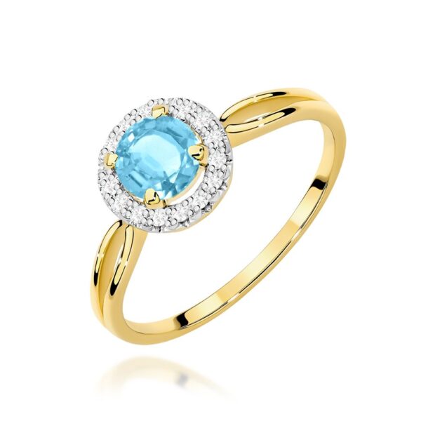 Pierścionek z topazem Swiss Blue 0,80 ct i brylantami, żółte złoto 585