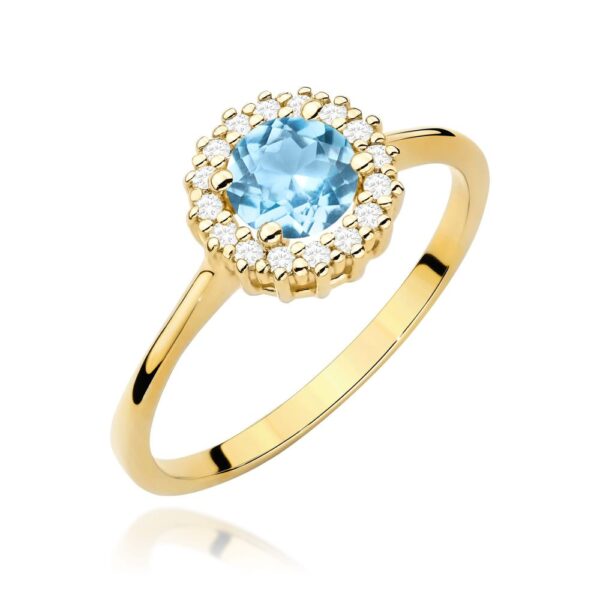 Pierścionek z topazem Swiss Blue 0,50 ct i brylantami, żółte złoto 585