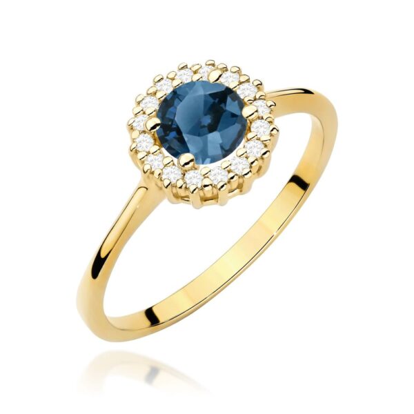 Pierścionek z topazem London Blue 0,50 ct i brylantami, żółte złoto 585