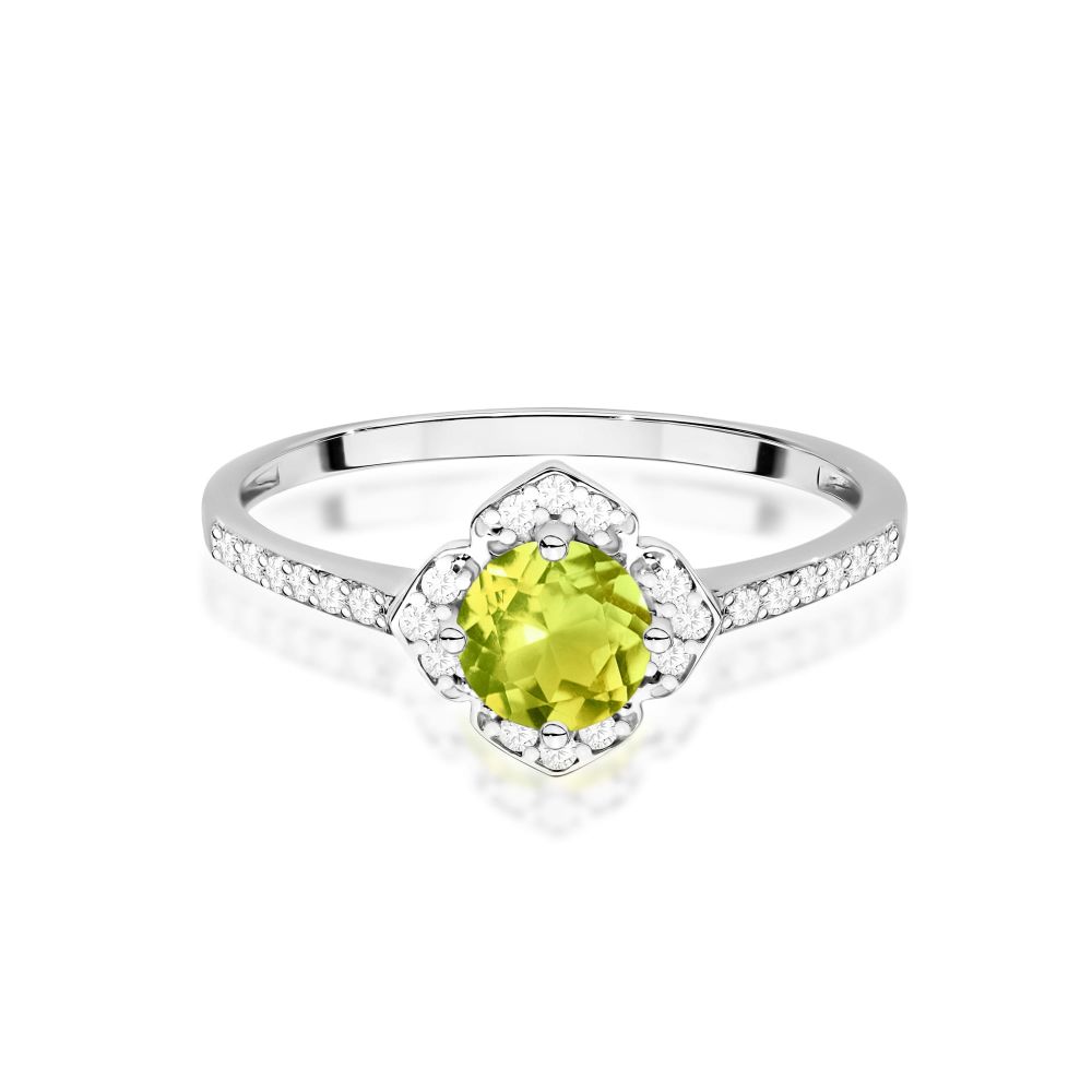 Pierścionek z oliwinem 0,60 ct i brylantami, białe złoto 585