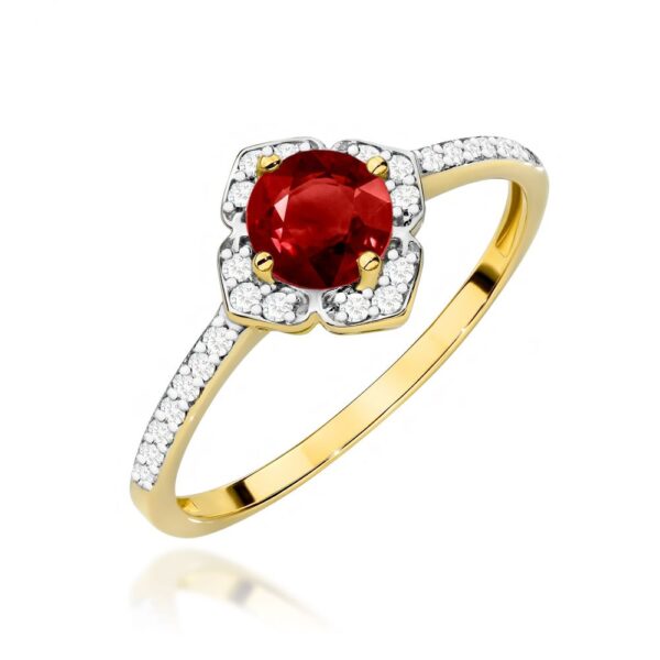 Pierścionek z granatem 0,60 ct i brylantami, żółte złoto 585