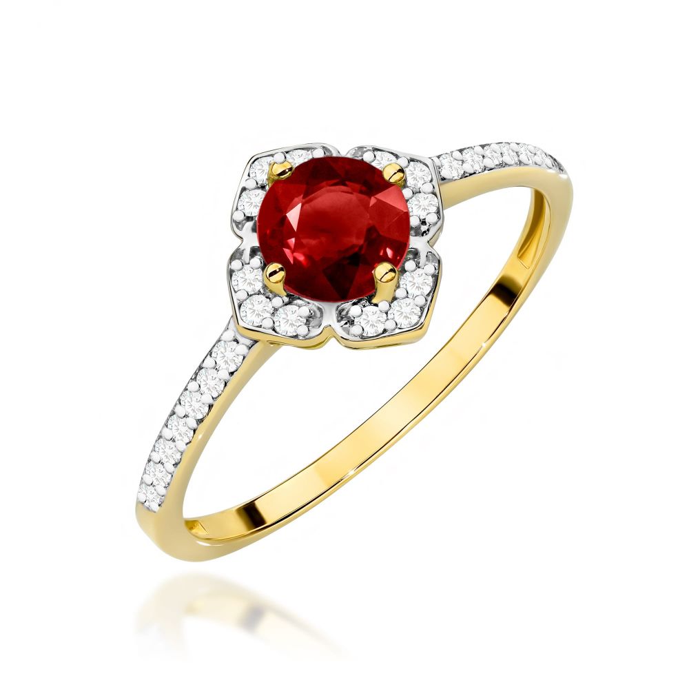 Pierścionek z granatem 0,60 ct i brylantami, żółte złoto 585