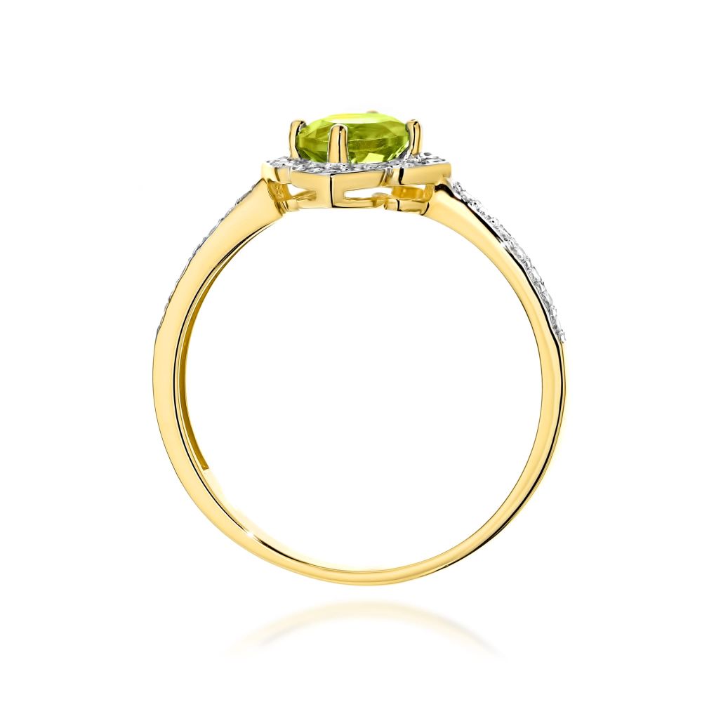 Pierścionek z oliwinem 0,60 ct i brylantami, żółte złoto 585