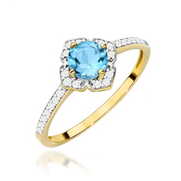 Pierścionek z topazem Swiss Blue 0,50 ct i brylantami, żółte złoto 585