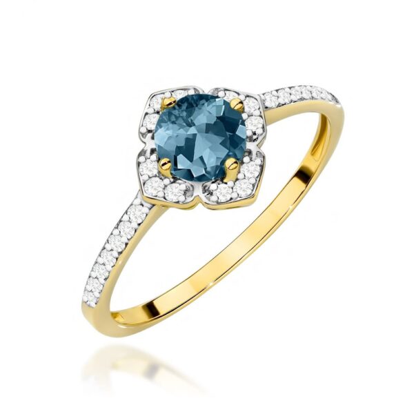 Pierścionek z topazem London Blue 0,50 ct i brylantami, żółte złoto 585