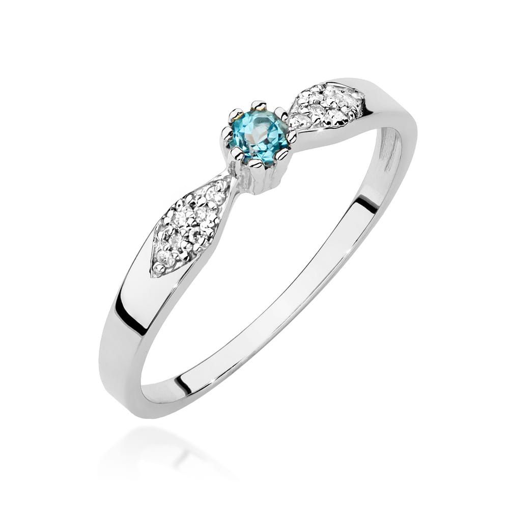 Pierścionek z topazem Swiss Blue 0,15 ct i brylantami, białe złoto 585