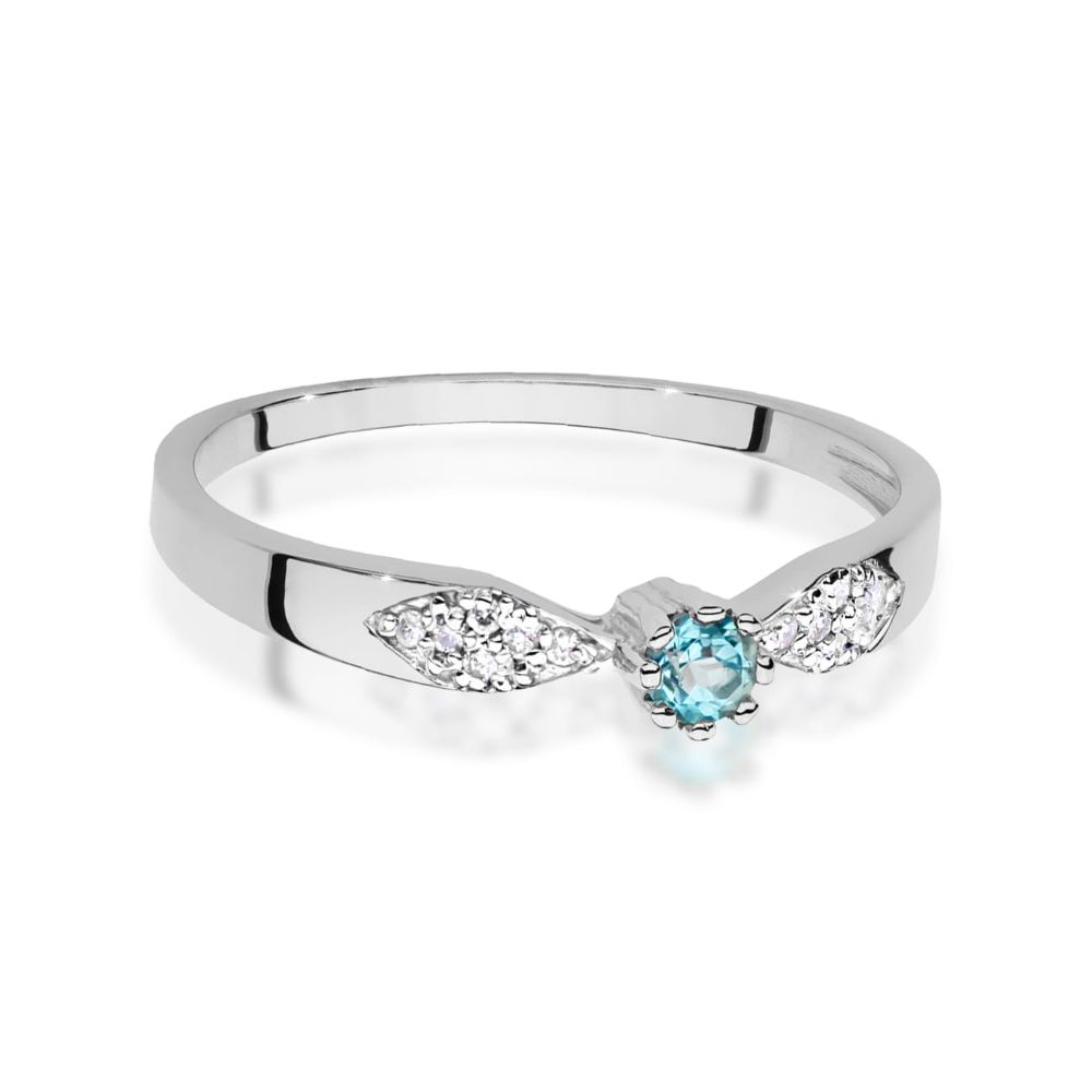 Pierścionek z topazem Swiss Blue 0,15 ct i brylantami, białe złoto 585