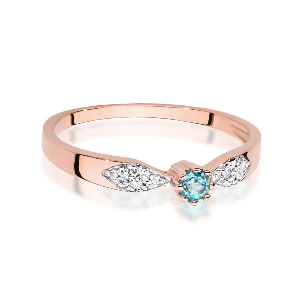 Pierścionek z topazem Swiss Blue 0,15 ct i brylantami, różowe złoto 585