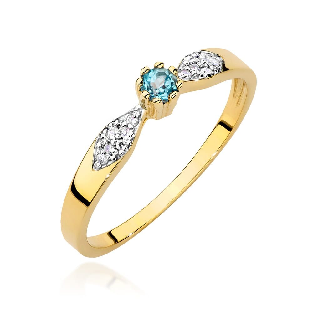 Pierścionek z topazem Swiss Blue 0,15 ct i brylantami, żółte złoto 585