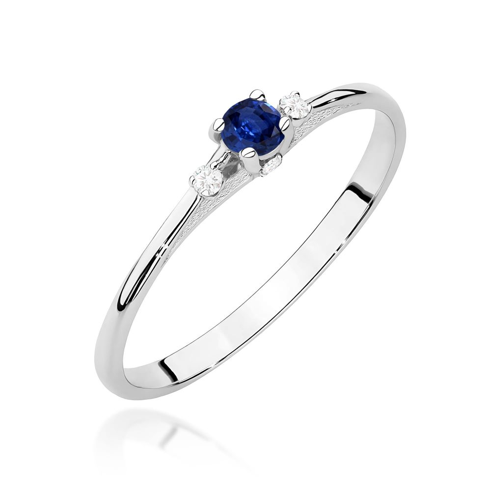 Pierścionek ze szafirem 0,15 ct i brylantami, białe złoto 585