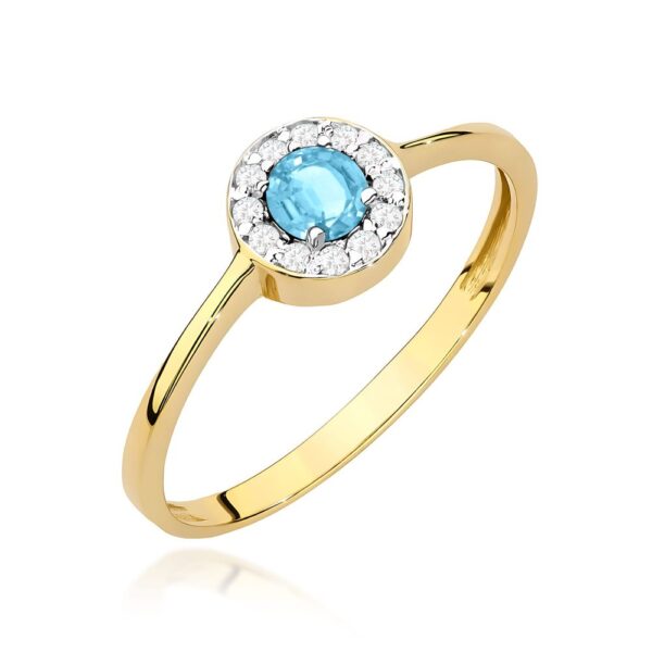 Pierścionek z topazem Swiss Blue 0,25 ct i brylantami, żółte złoto 585