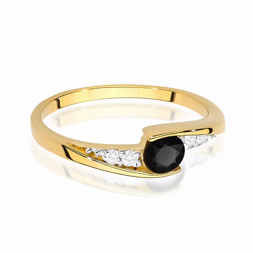 Pierścionek z czarnym diamentem 0,30 ct i brylantami, żółte złoto 585