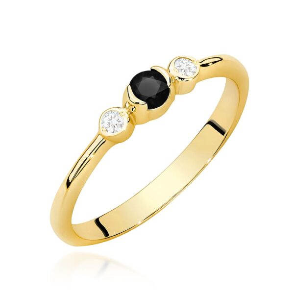 Pierścionek z czarnym diamentem 0,12 ct i brylantami, żółte złoto 585