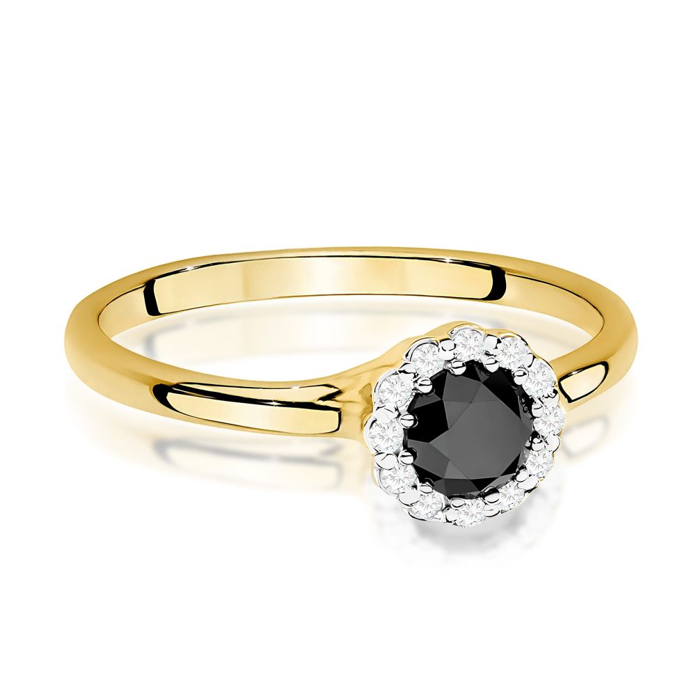 Pierścionek z czarnym diamentem 0,50 ct i brylantami, żółte złoto 585