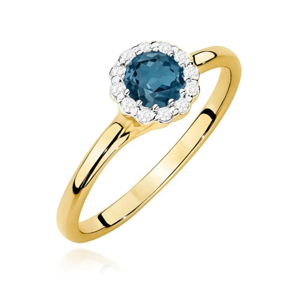 Pierścionek z topazem London Blue 0,50 ct i brylantami, żółte złoto 585