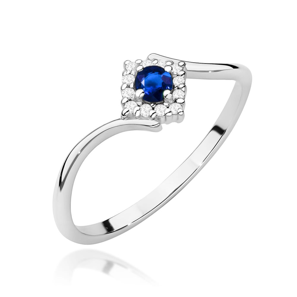 Pierścionek ze szafirem 0,15 ct i brylantami, białe złoto 585