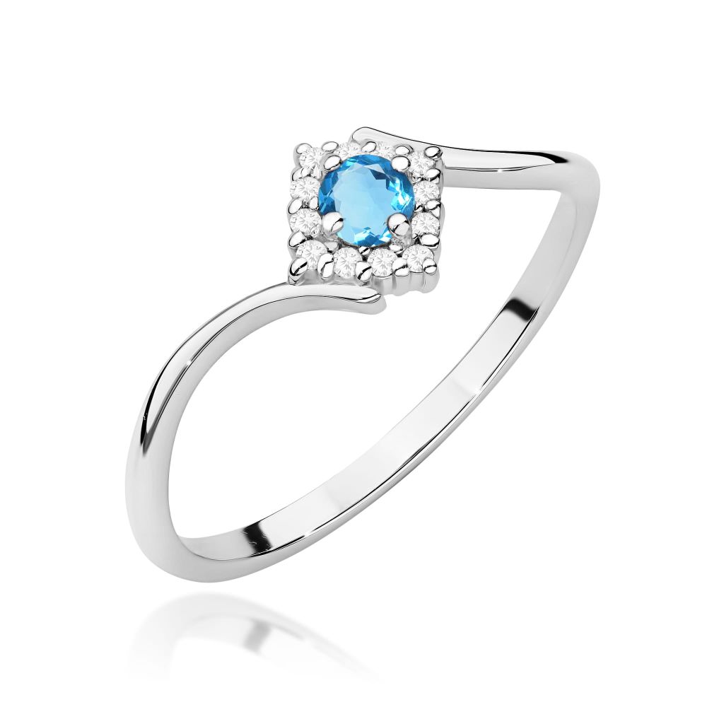 Pierścionek z topazem Swiss Blue 0,15 ct i brylantami, białe złoto 585