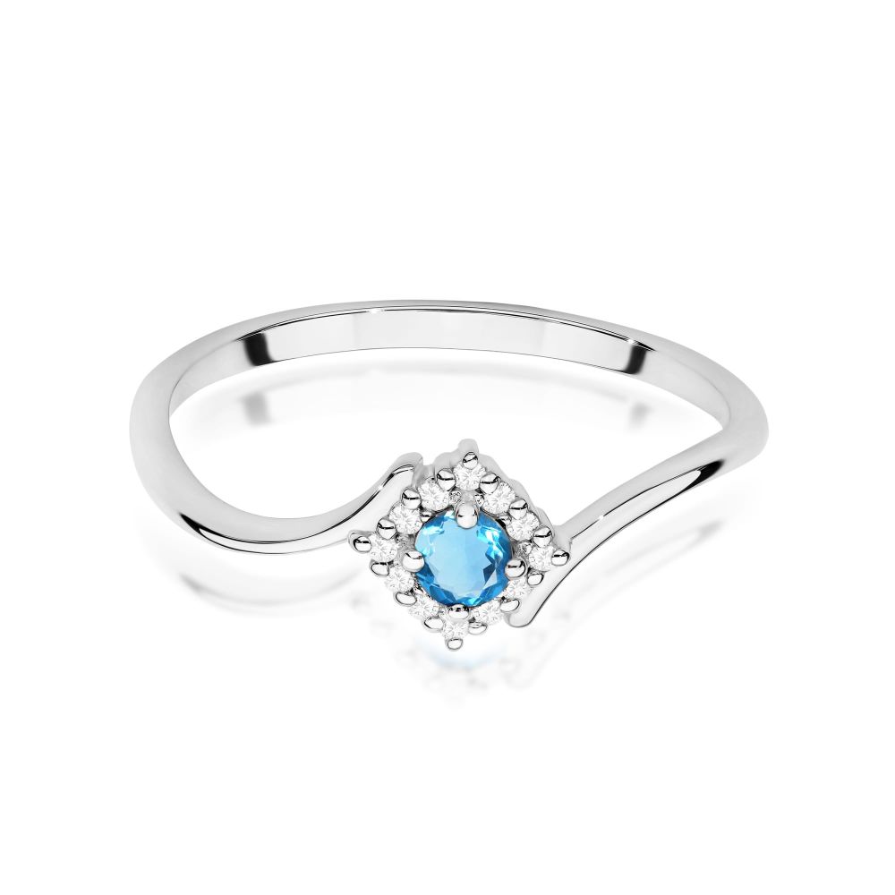 Pierścionek z topazem Swiss Blue 0,15 ct i brylantami, białe złoto 585