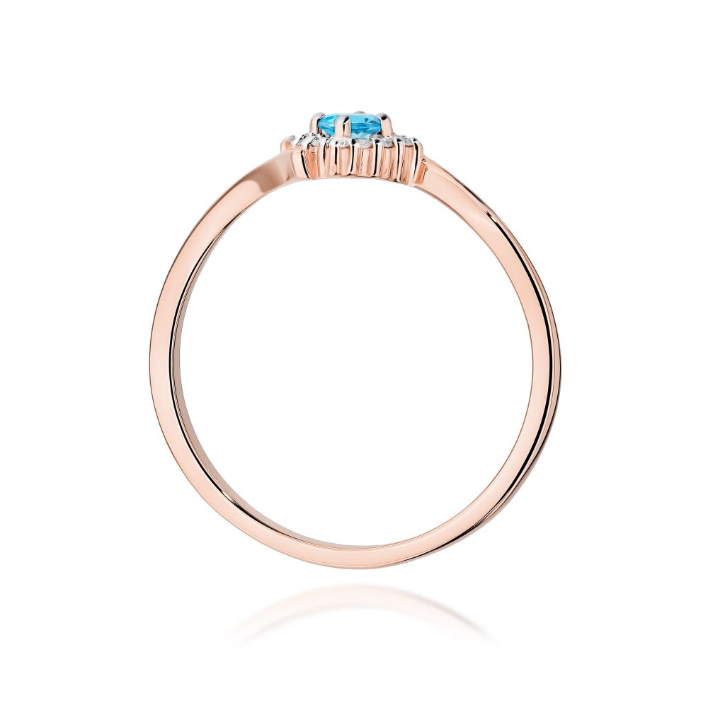 Pierścionek z topazem Swiss Blue 0,15 ct i brylantami, różowe złoto 585
