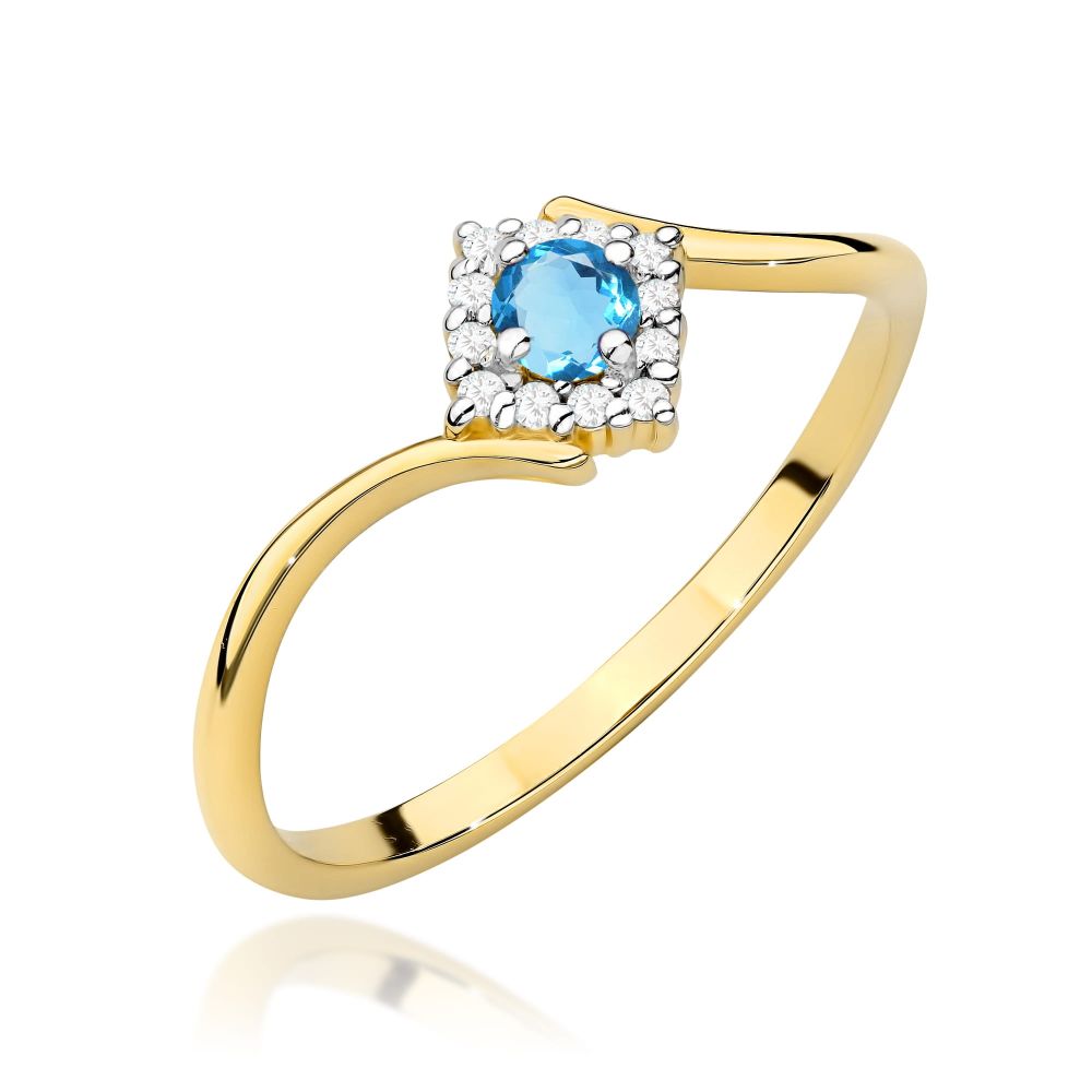 Pierścionek z topazem Swiss Blue 0,15 ct i brylantami, żółte złoto 585