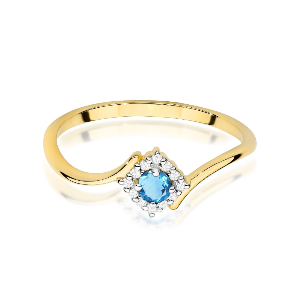 Pierścionek z topazem Swiss Blue 0,15 ct i brylantami, żółte złoto 585