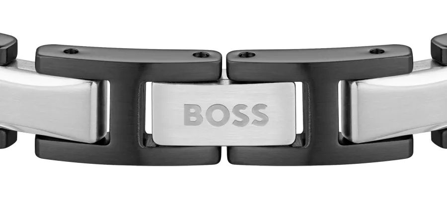 Bransoletka BOSS Nolan 1580794 czarno-stalowa – zapięcie z logo BOSS