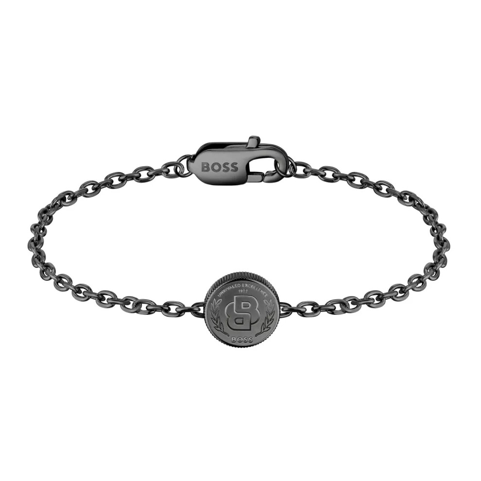Bransoletka męska BOSS Double B Coin 1580764M ze stali szlachetnej w czarnym wykończeniu