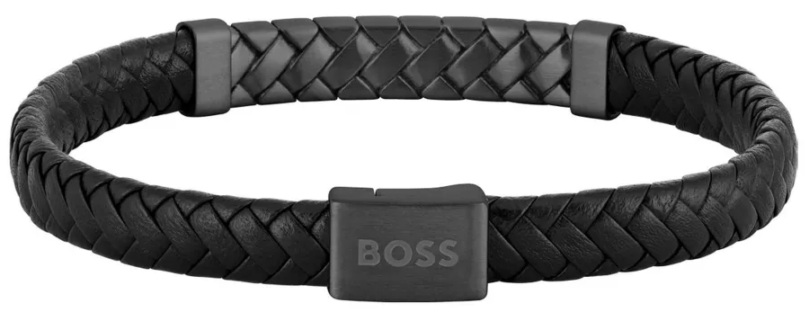 Bransoletka BOSS Tailored 1580676M czarna – detal stalowego elementu z logo BOSS