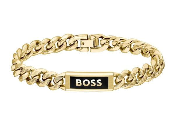 Bransoletka męska BOSS Kassy Emblem 1580680M ze stali szlachetnej w złoto-czarnym wykończeniu