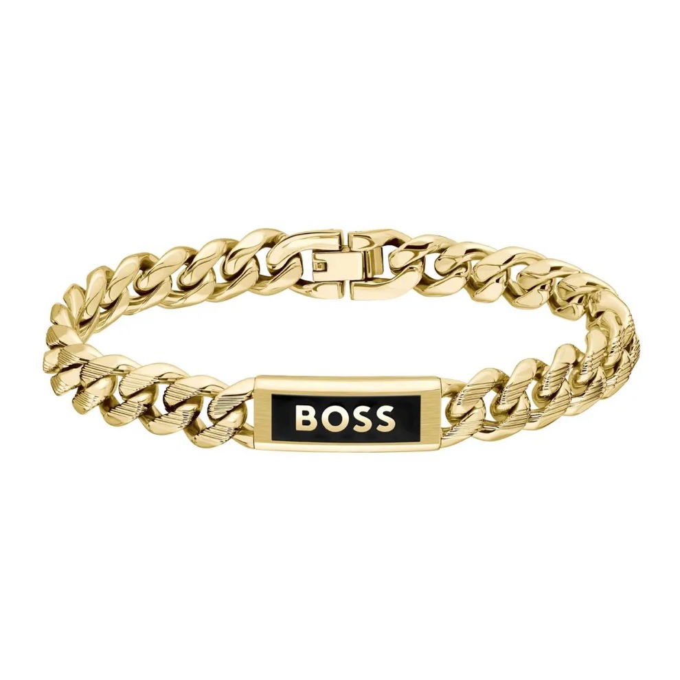 Bransoletka męska BOSS Kassy Emblem 1580680M ze stali szlachetnej w złoto-czarnym wykończeniu