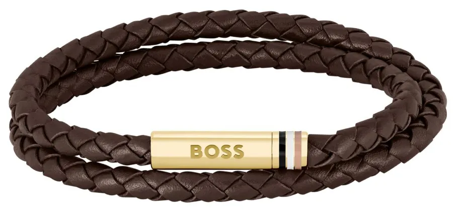 Bransoletka męska BOSS Ares 1580670M z brązowej skóry ze złotym elementem