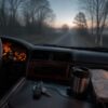 Wnętrze samochodu o świcie: kierownica, kluczyki na konsoli i pusta droga we mgle za szybą