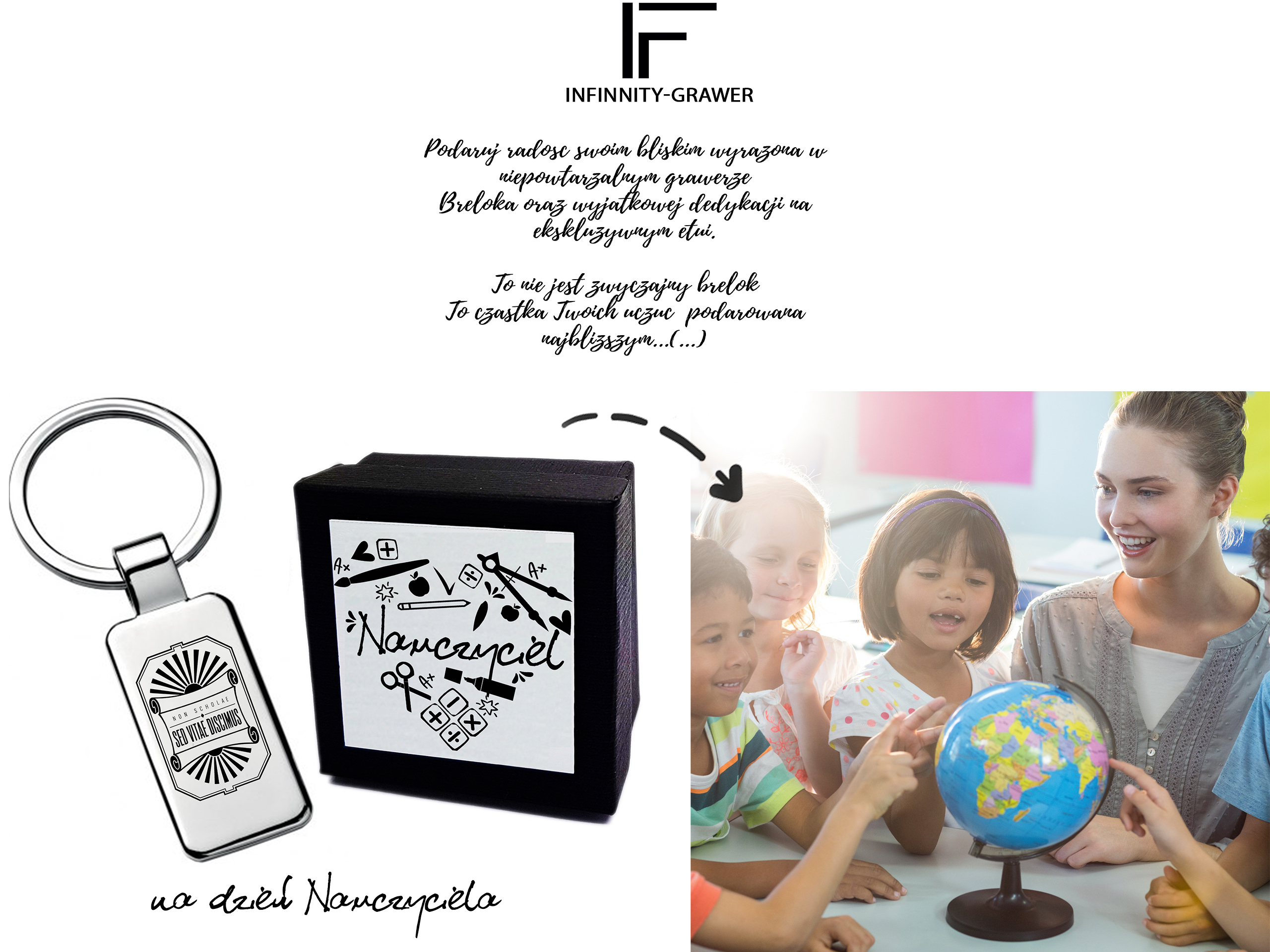 Brelok z grawerem Non scholae sed vitae discimus — wzór deko, zestaw prezentowy z etui