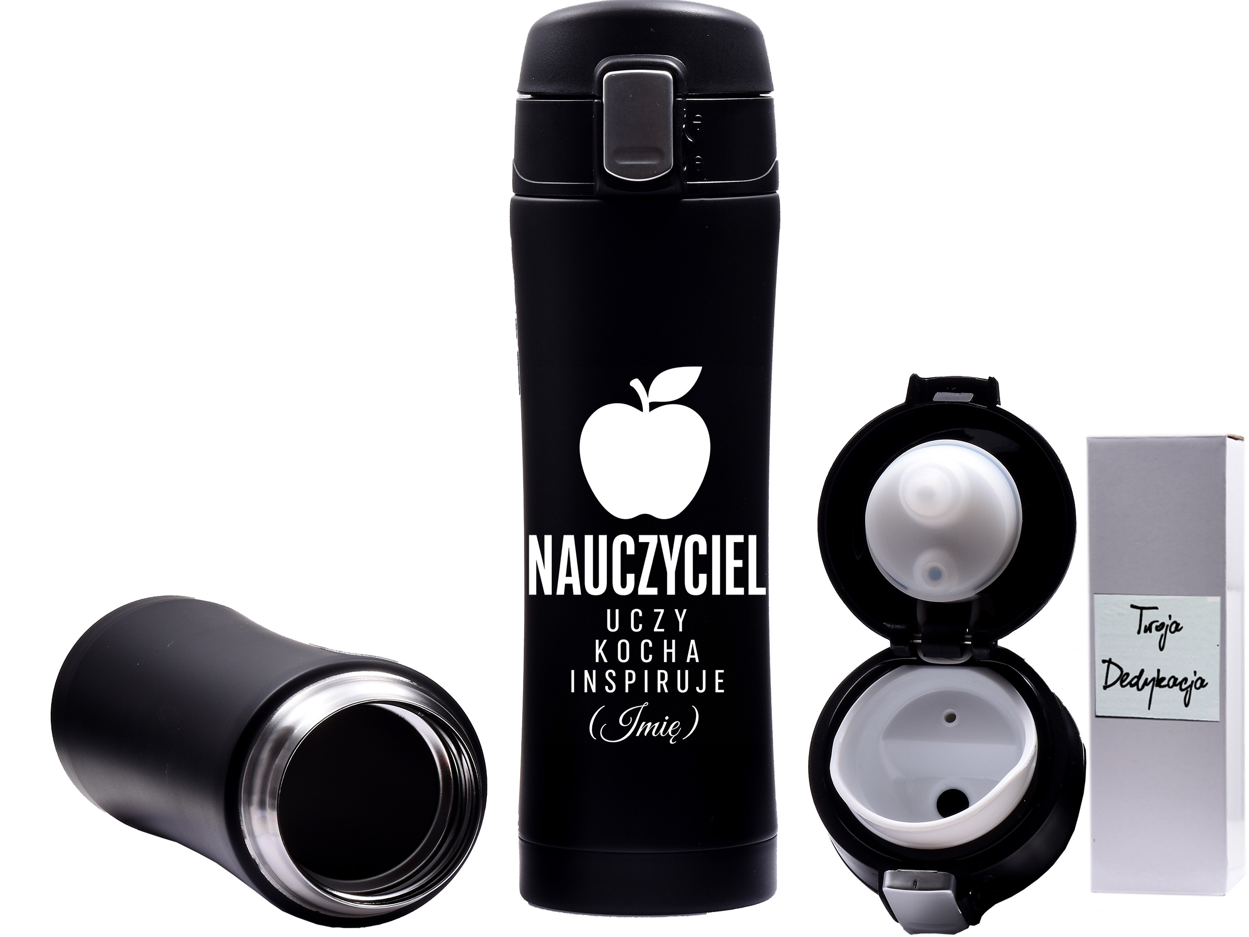 Kubek termiczny z grawerem Nauczyciel – Uczy, kocha, inspiruje – prezent dla profesjonalisty